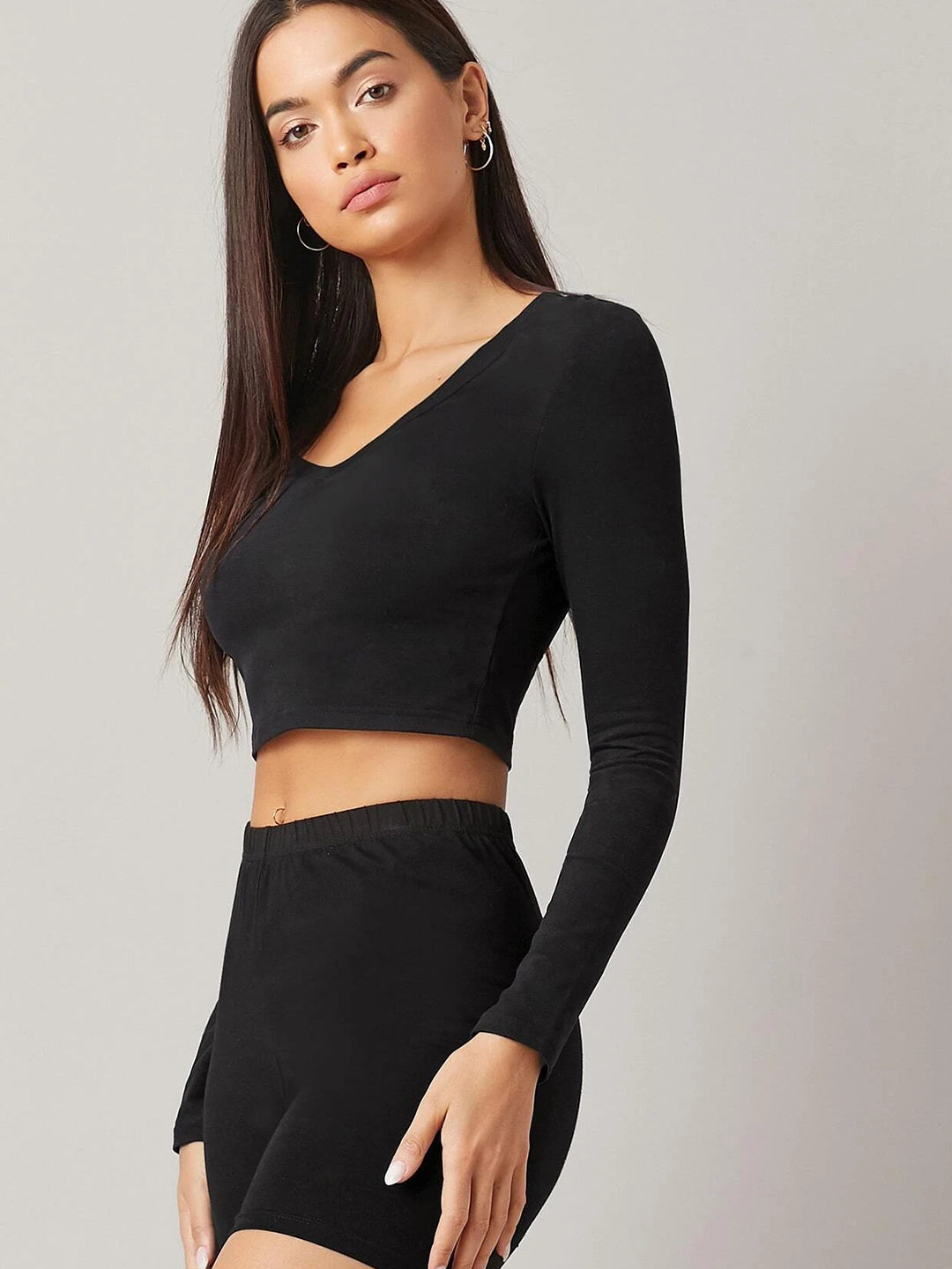 V Neck Full Sleeves Crop Top