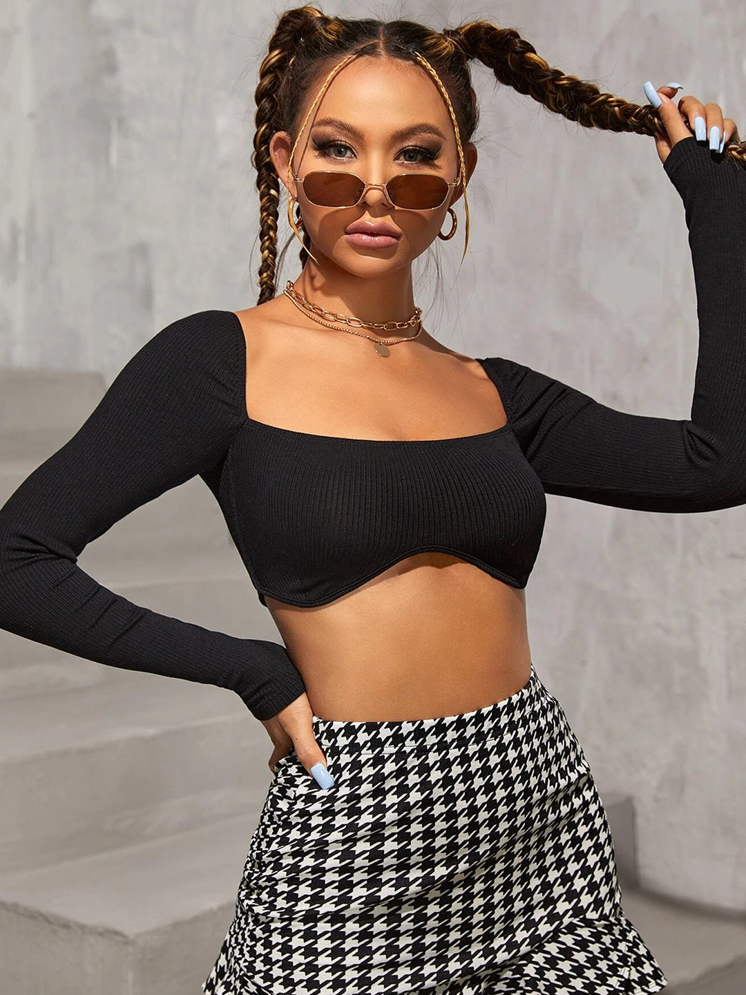 Square Neck Long Sleeve Crop Top