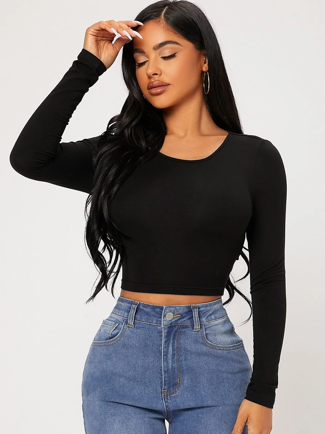 Round Neck Long Sleeve Back Tie Crop Top 