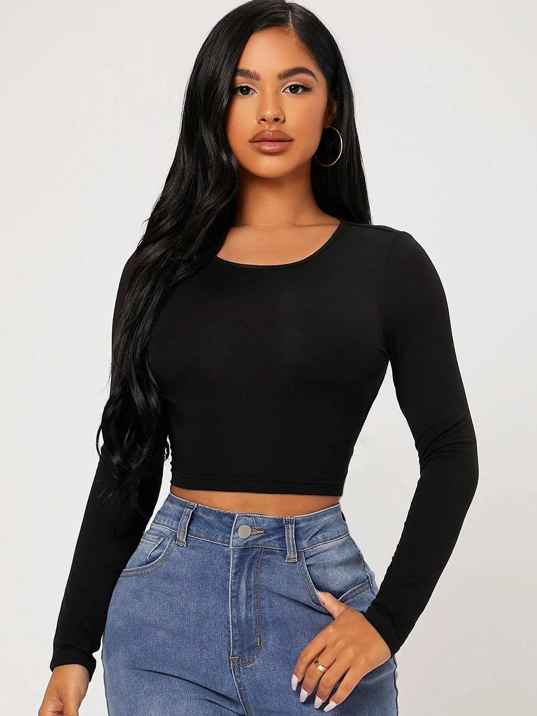 Round Neck Long Sleeve Back Tie Crop Top 