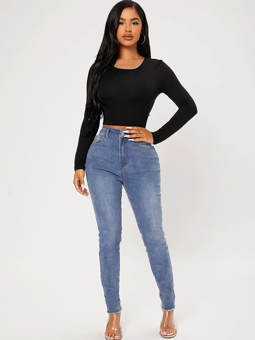 Round Neck Long Sleeve Back Tie Crop Top 