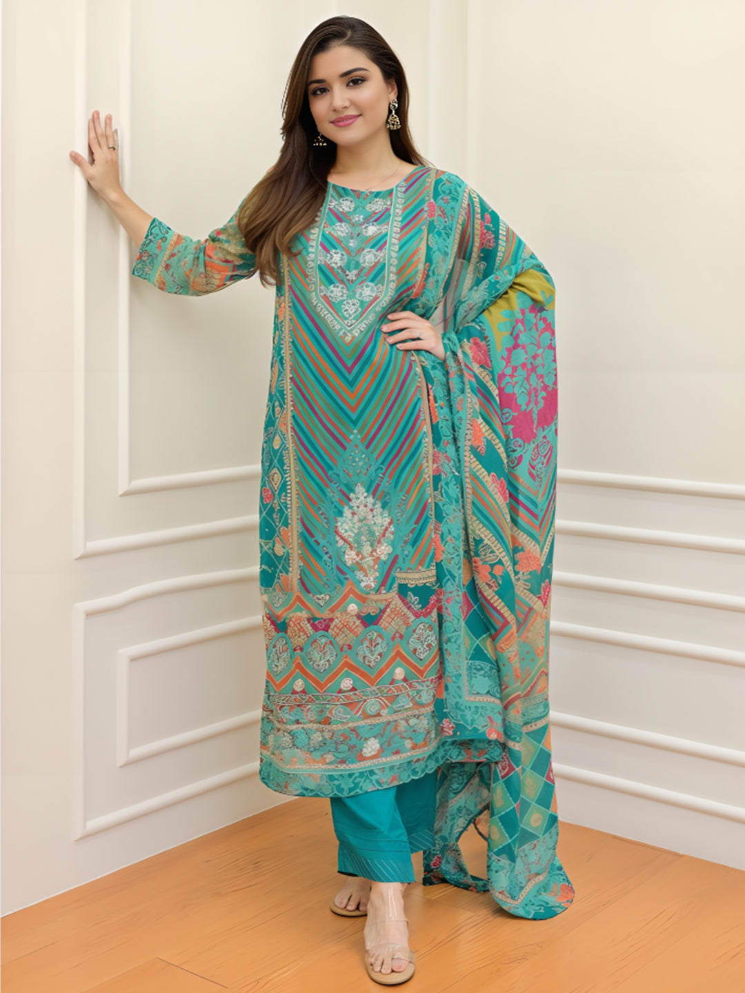 Firoji Colour Muslin Kurta With Bottom & Dupatta Set