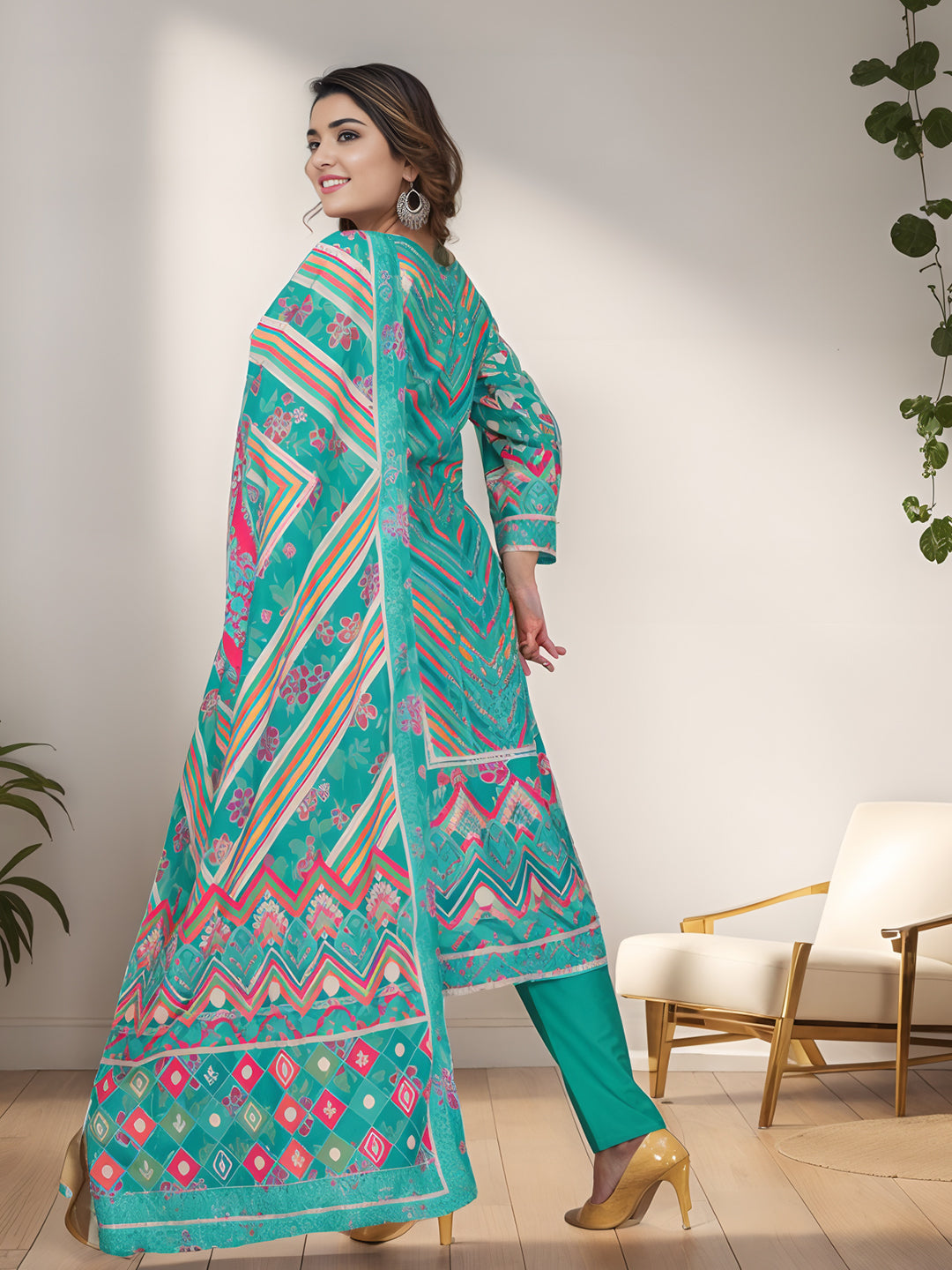 Firoji Colour Muslin Kurta With Bottom & Dupatta Set