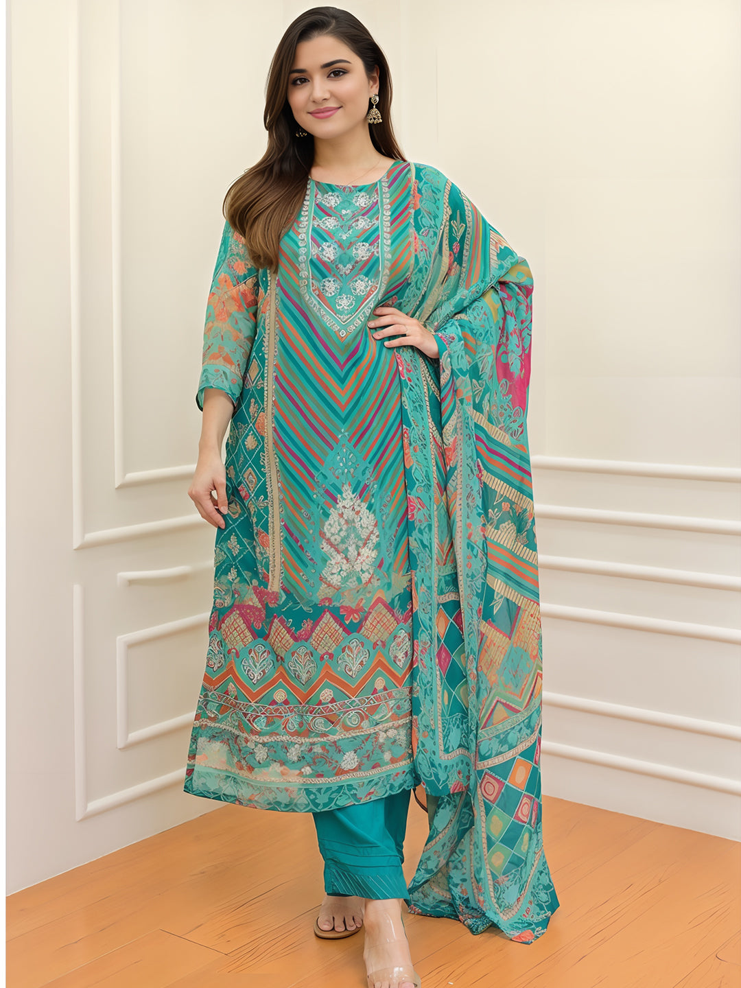 Firoji Colour Muslin Kurta With Bottom & Dupatta Set