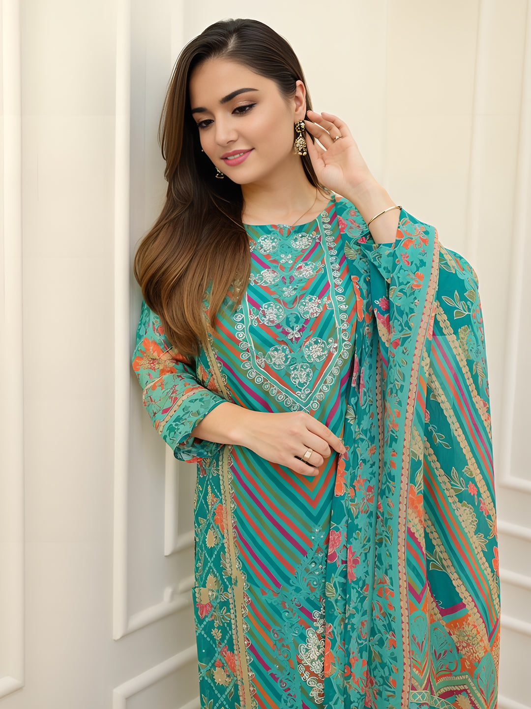 Firoji Colour Muslin Kurta With Bottom & Dupatta Set