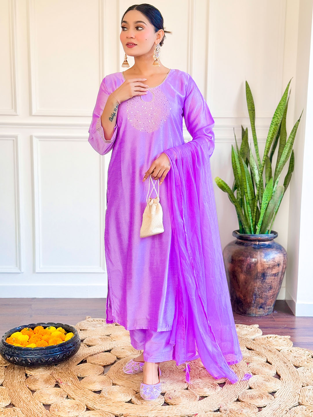 Purple Color Chanderi Kurta With Bottom & Dupatta Set