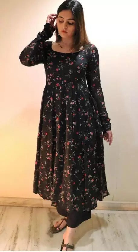 Black Floral Printed Gown Dress
