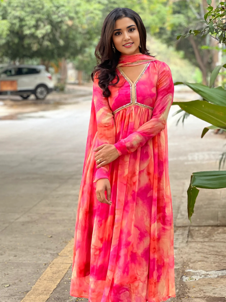 Tie & Dye Printed Gown With Dupatta Set