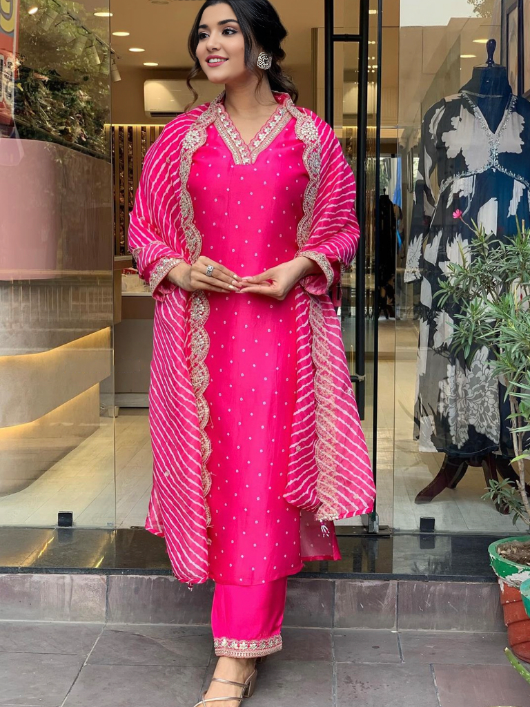 Hot Pink Embellished Kurta With Bottom & Dupatta Set