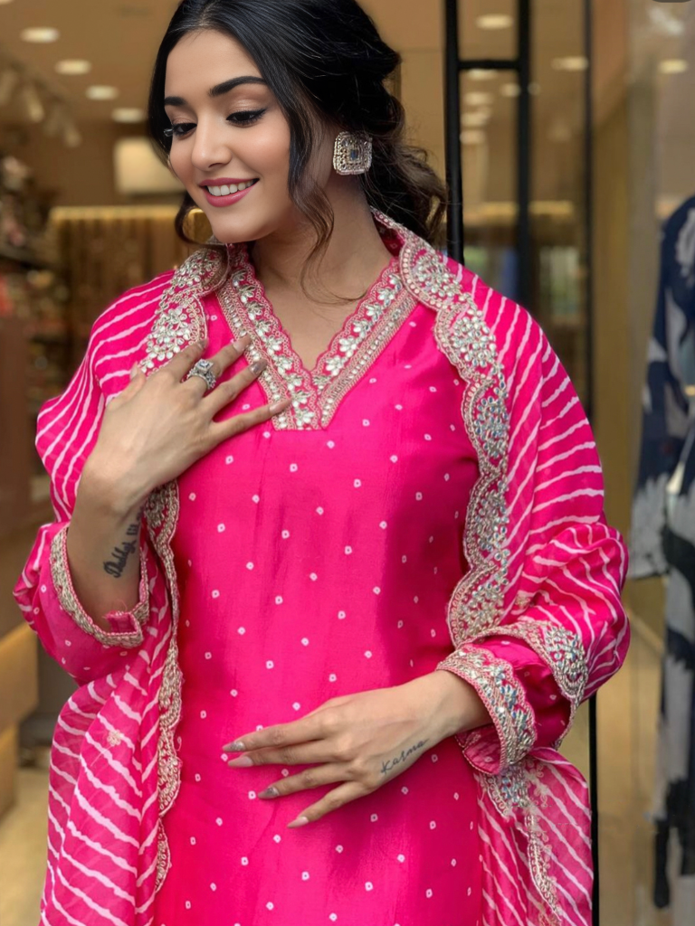 Hot Pink Embellished Kurta With Bottom & Dupatta Set