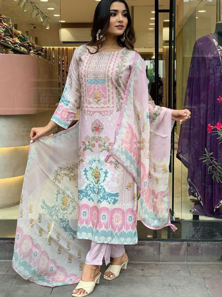 Round Neck Digital Printed Kurta WIth Bottom & Dupatta Set