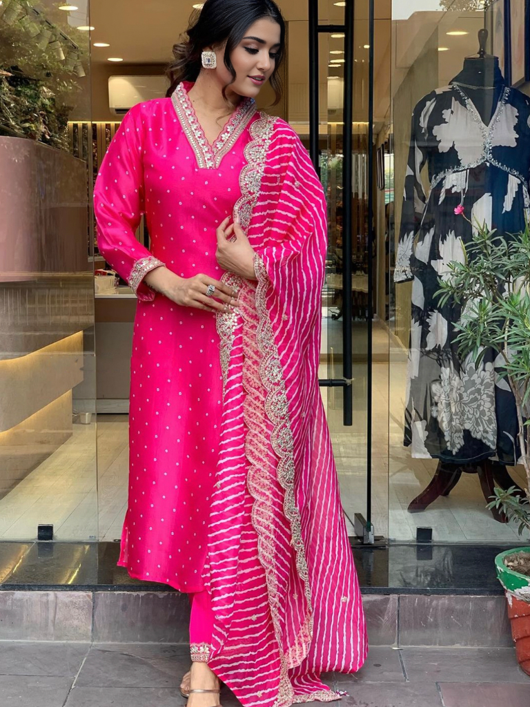 Hot Pink Embellished Kurta With Bottom & Dupatta Set