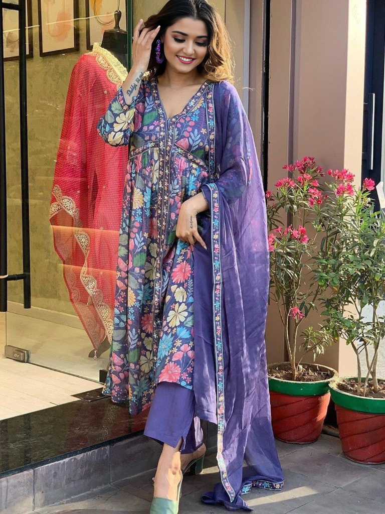 Floral Printed Kurta With Bottom & Dupatta Set