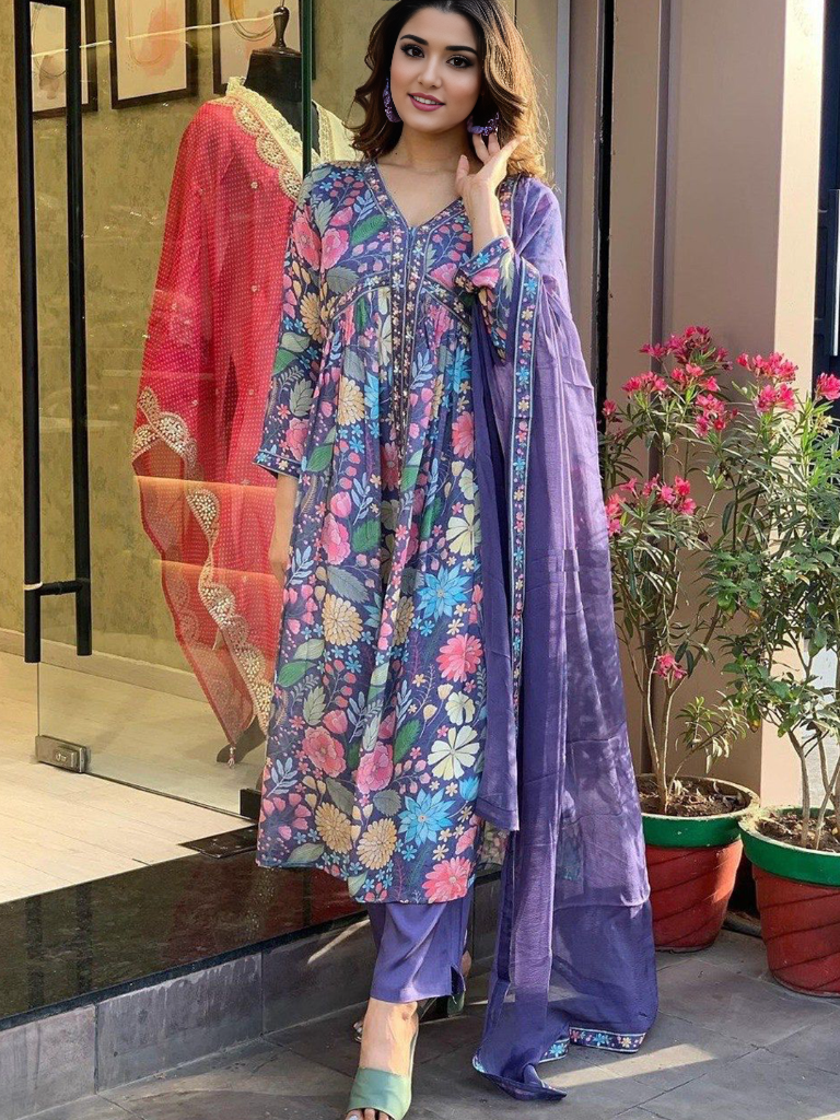 Floral Printed Kurta With Bottom & Dupatta Set