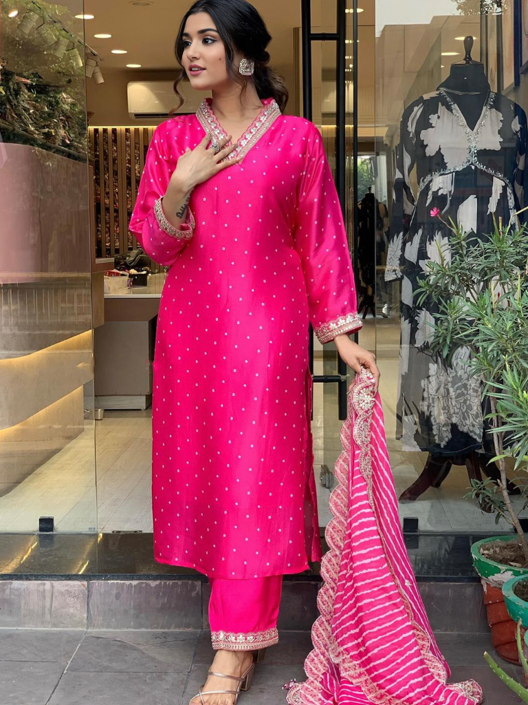 Hot Pink Embellished Kurta With Bottom & Dupatta Set