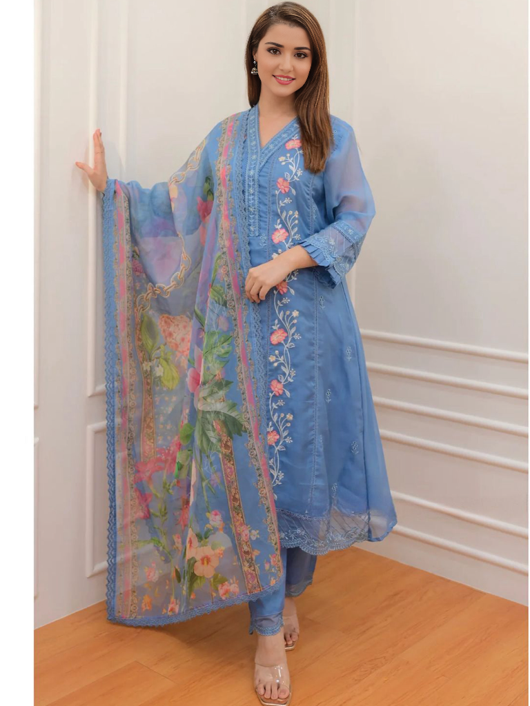 Floral Embroidered A-line Kurta With Pant & Dupatta Set