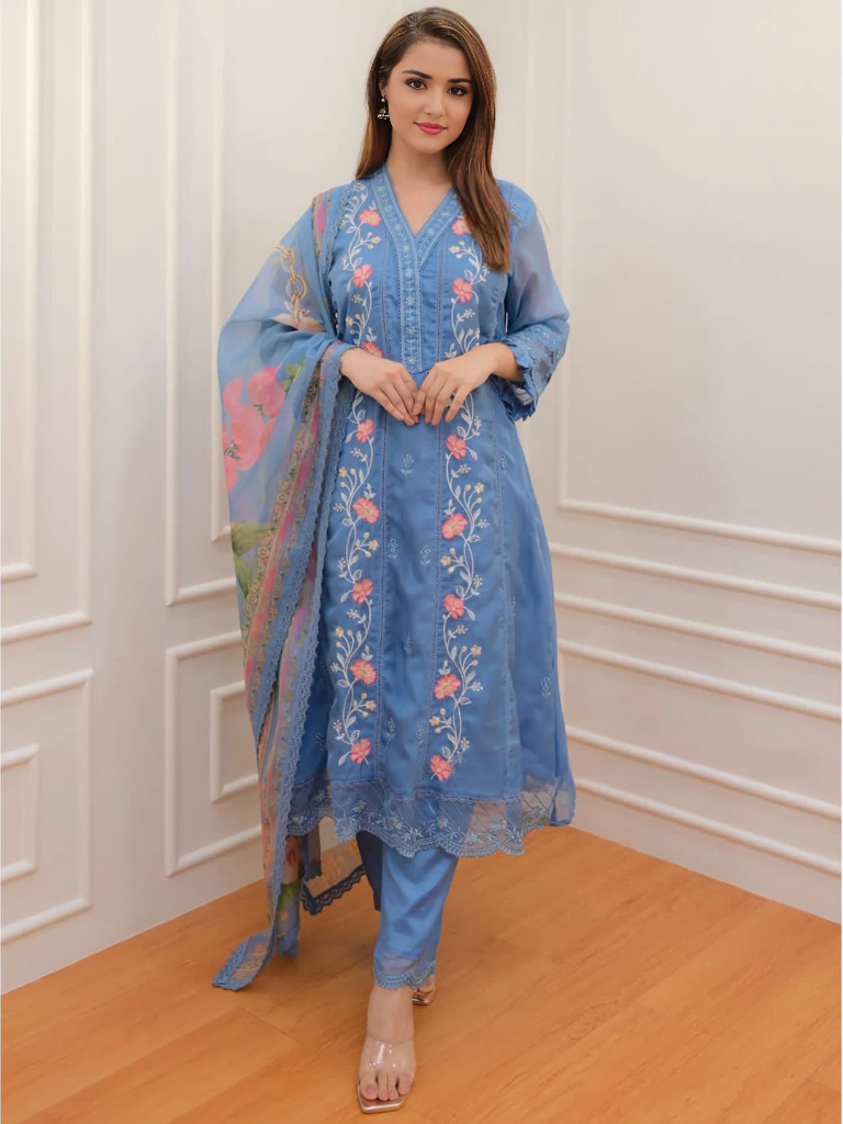 Floral Embroidered A-line Kurta With Pant & Dupatta Set