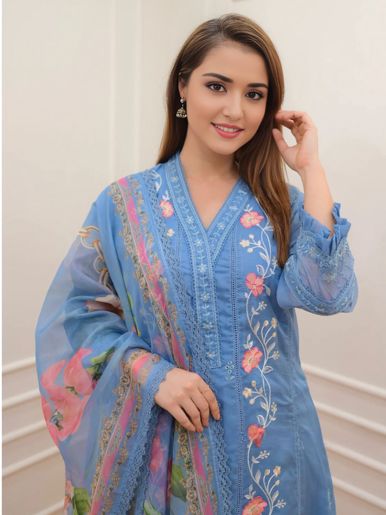 Floral Embroidered A-line Kurta With Pant & Dupatta Set