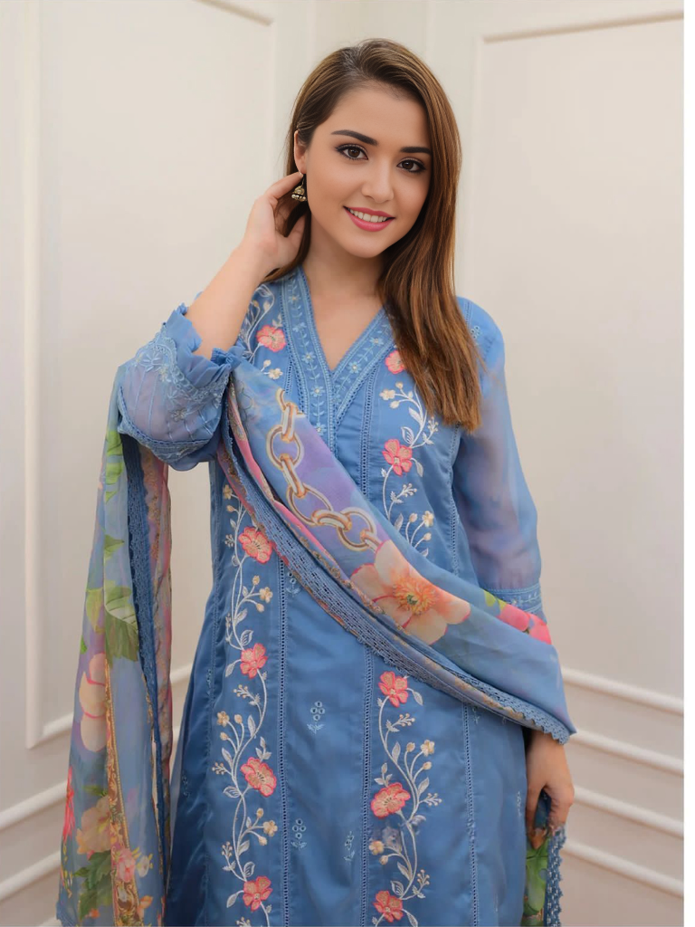 Floral Embroidered A-line Kurta With Pant & Dupatta Set