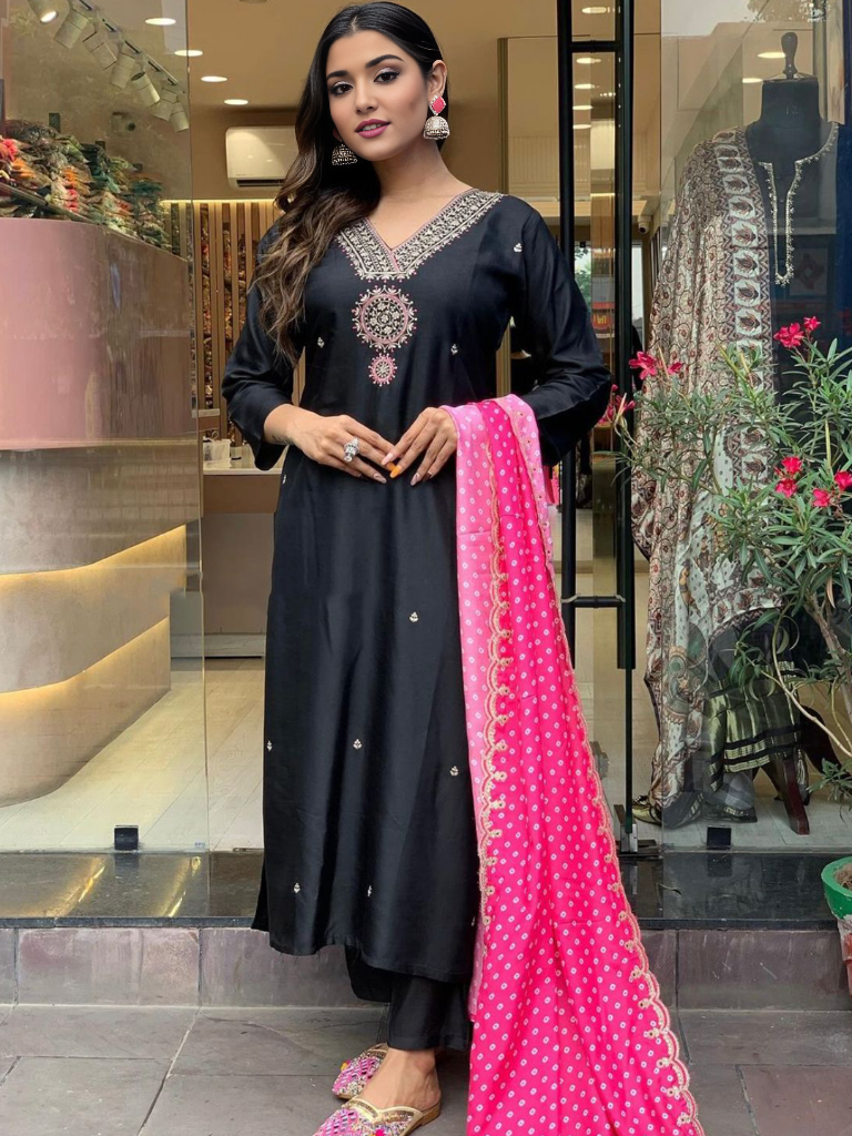 Black Embellished Kurta With Bottpm & Dupatta Set