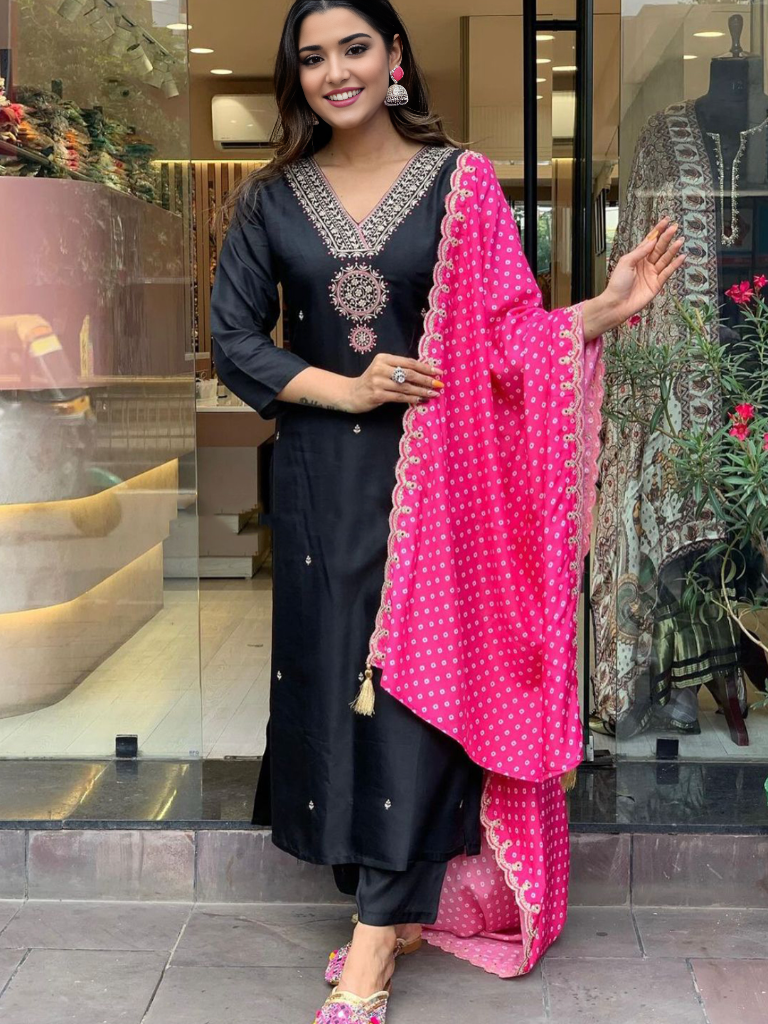 Black Embellished Kurta With Bottpm & Dupatta Set