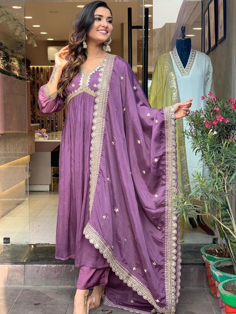 Mauve Colour  Embellished V-Neck Kurta With Bottom & Dupatta set