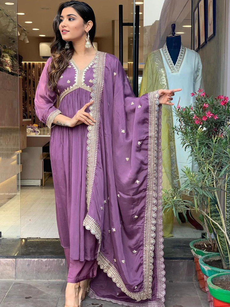 Mauve Colour  Embellished V-Neck Kurta With Bottom & Dupatta set