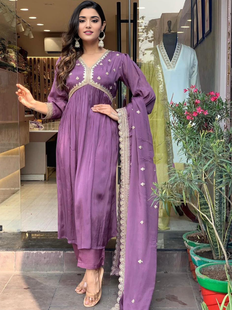 Mauve Colour  Embellished V-Neck Kurta With Bottom & Dupatta set