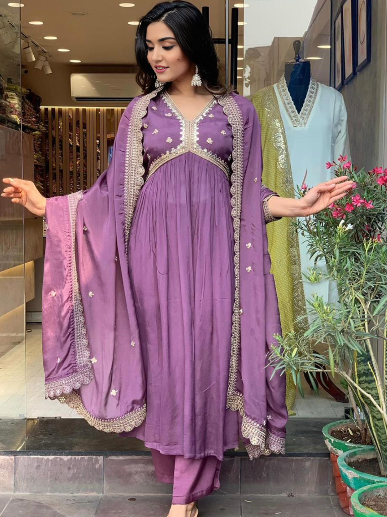 Mauve Colour  Embellished V-Neck Kurta With Bottom & Dupatta set