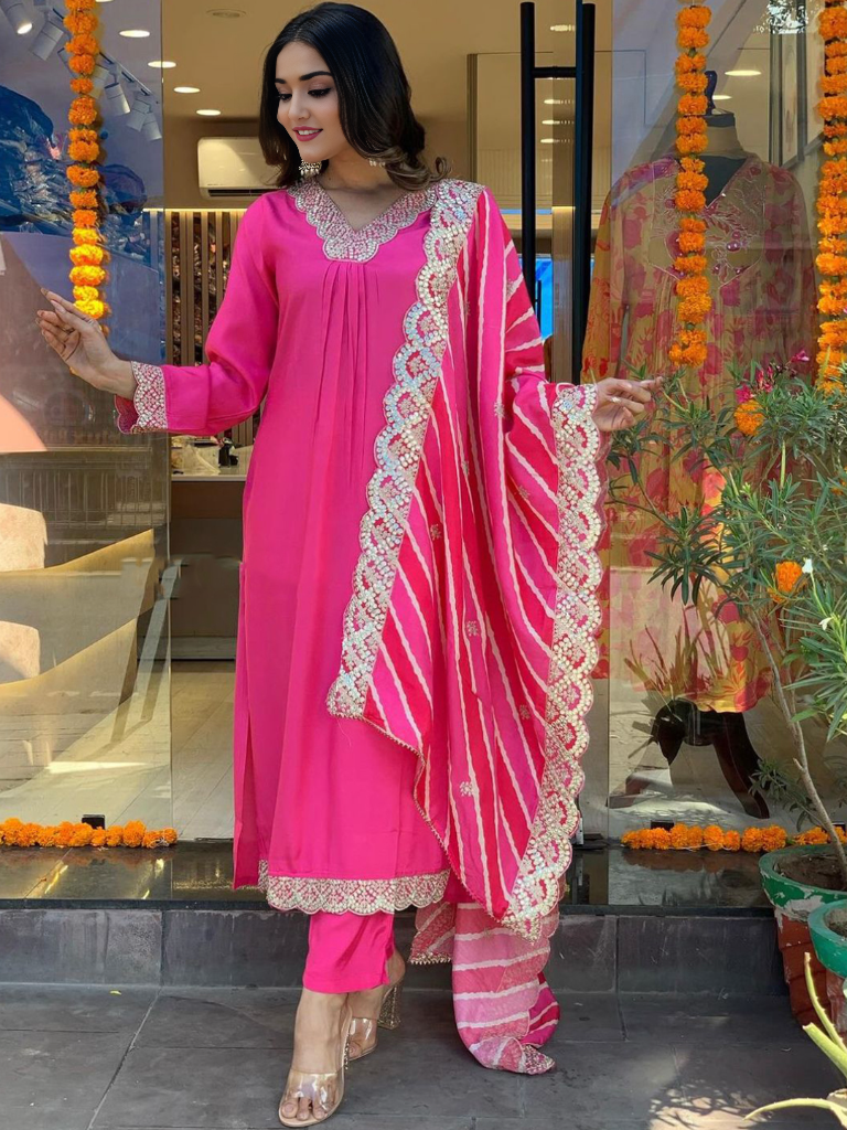 Pink Colour Solid Kurta With Bottom & Dupatta Set