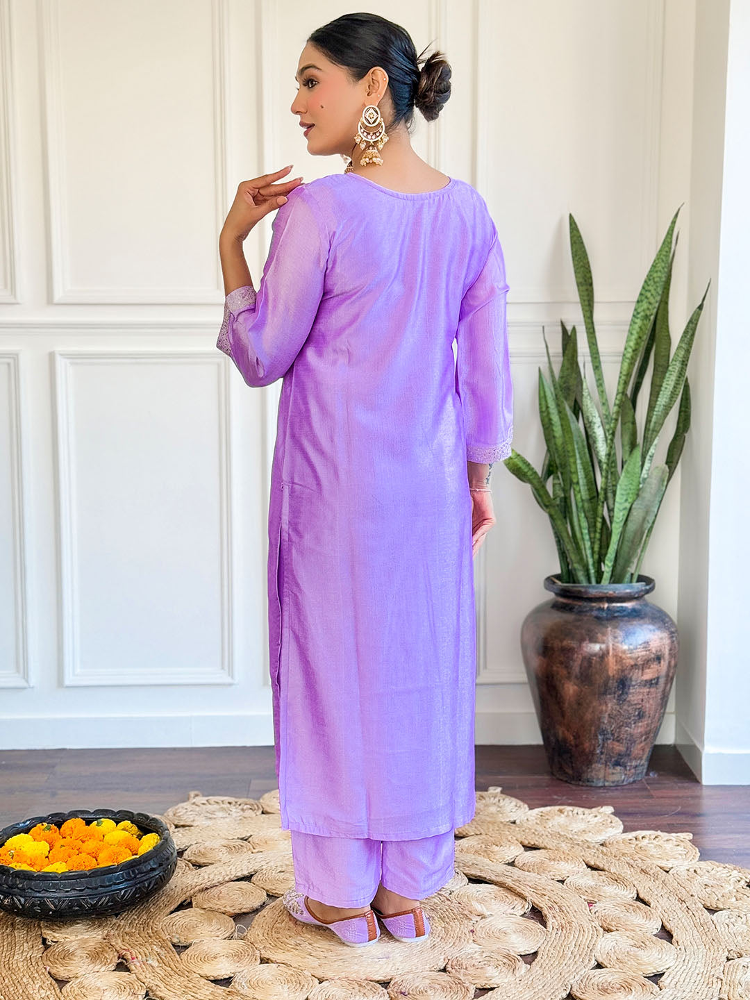 Purple Color Chanderi Kurta With Bottom & Dupatta Set