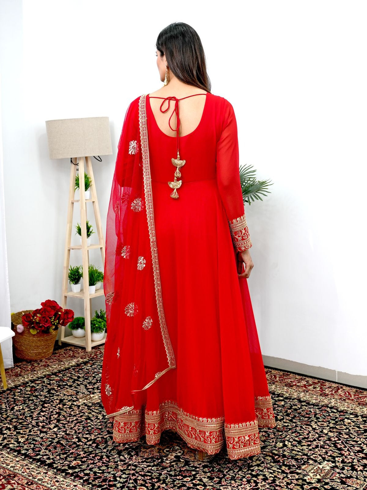Red Flared Embroidered Gown With Dupatta set