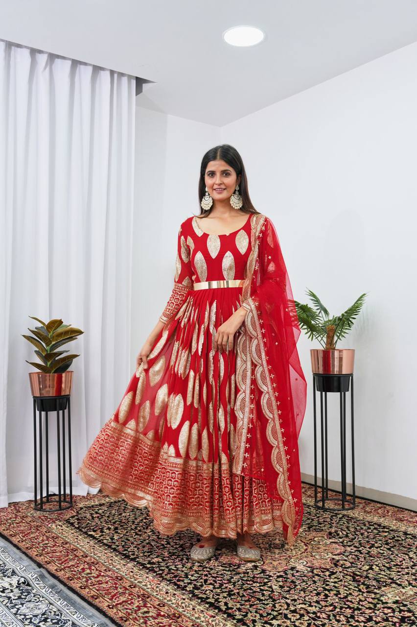Red Embellished Pleated Flared Gown & Dupatta Set
