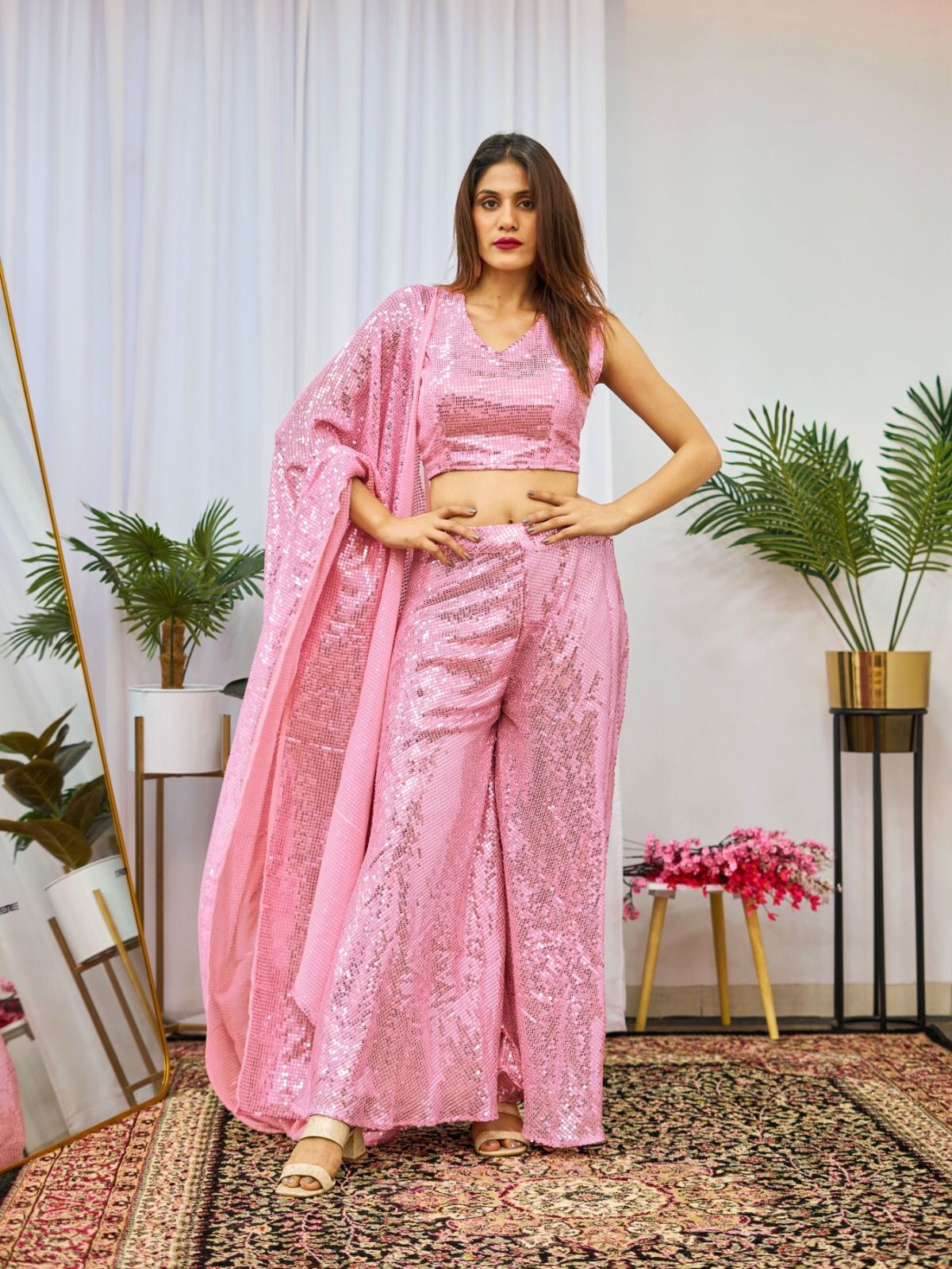 Baby Pink Crop Top With Palazzo & Dupatta Set