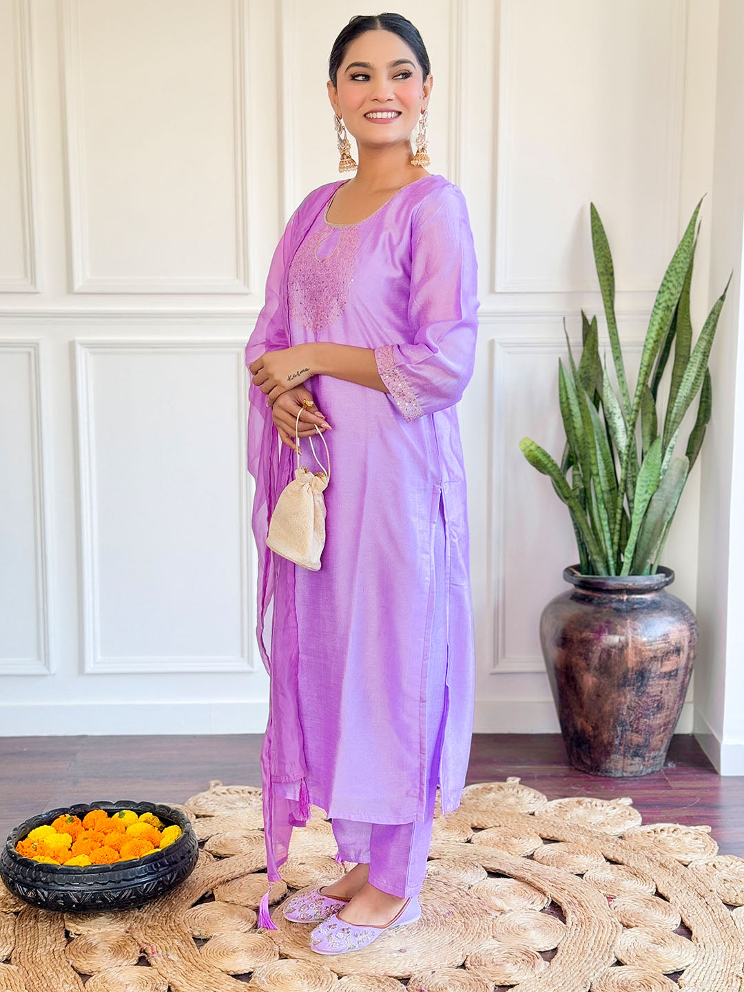 Purple Color Chanderi Kurta With Bottom & Dupatta Set