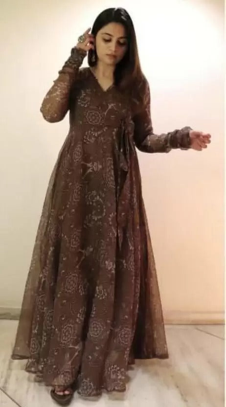 Brown Flared Angrakha Gown Dress