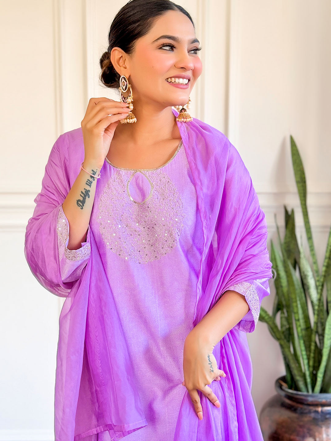 Purple Color Chanderi Kurta With Bottom & Dupatta Set