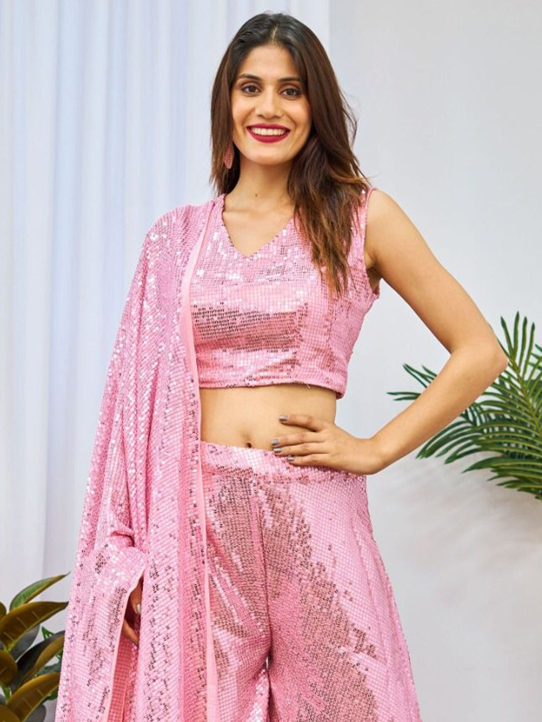 Baby Pink Crop Top With Palazzo & Dupatta Set