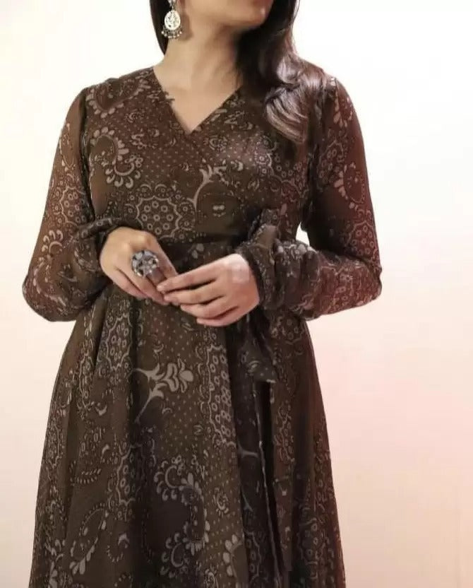 Brown Flared Angrakha Gown Dress