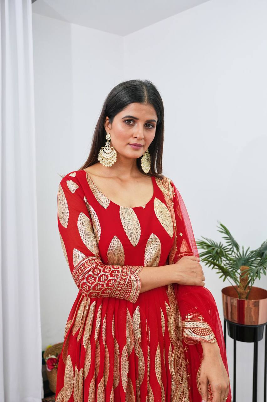 Red Embellished Pleated Flared Gown & Dupatta Set