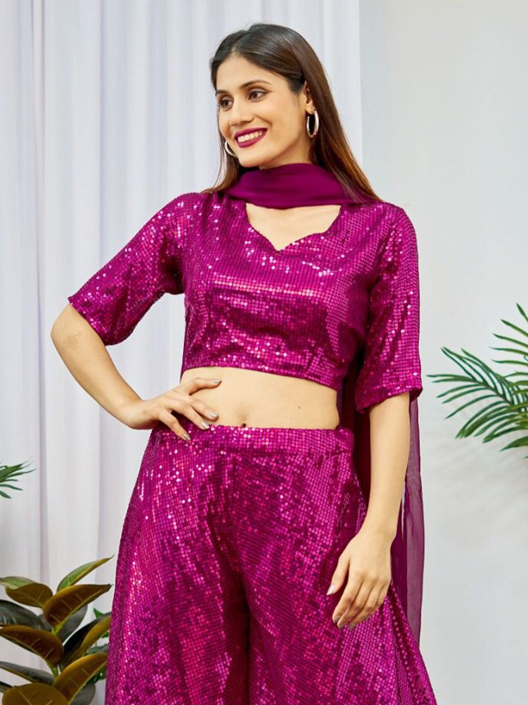 Wine Crop Top With Palazzo & Dupatta Set