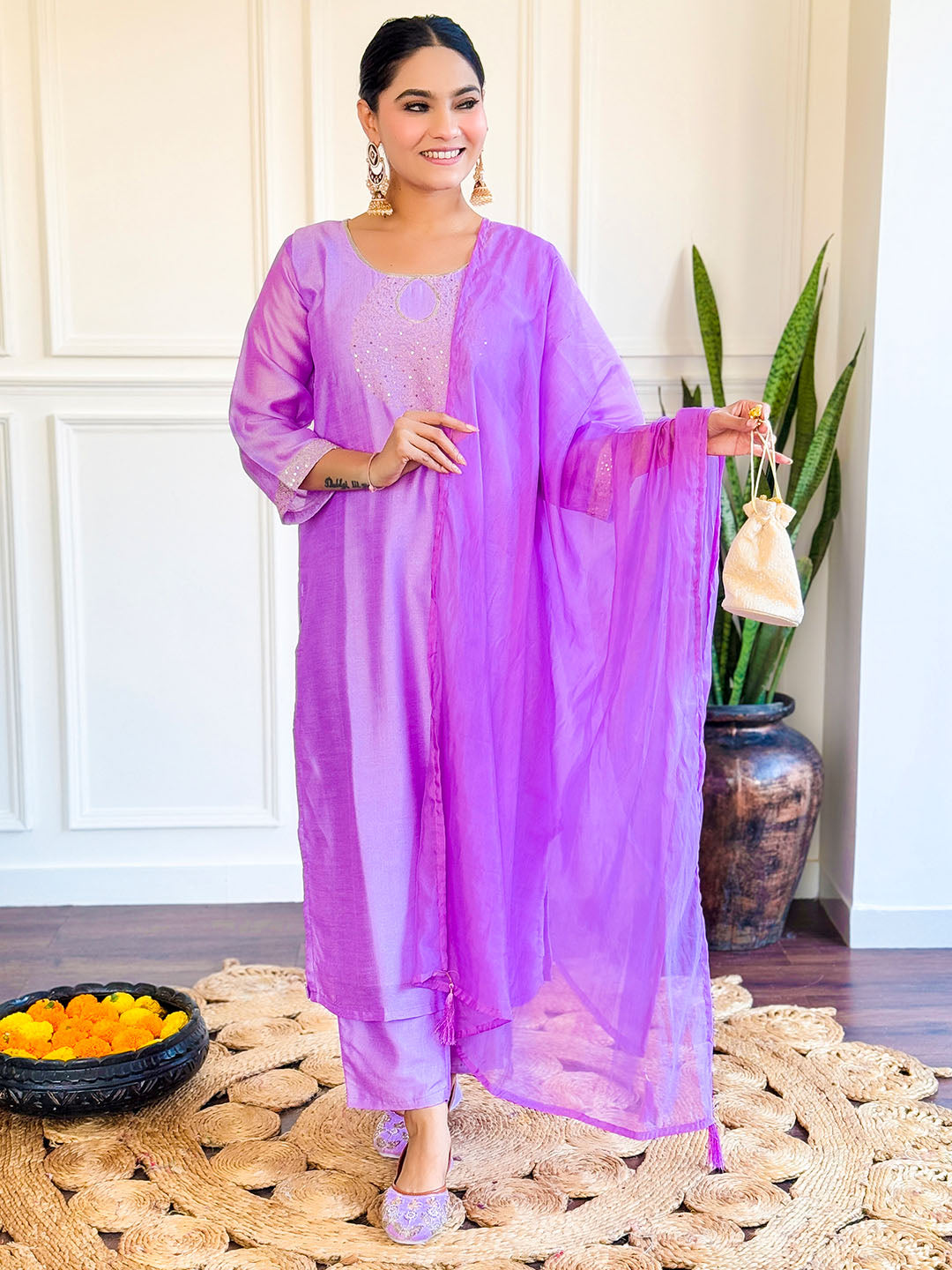 Purple Color Chanderi Kurta With Bottom & Dupatta Set