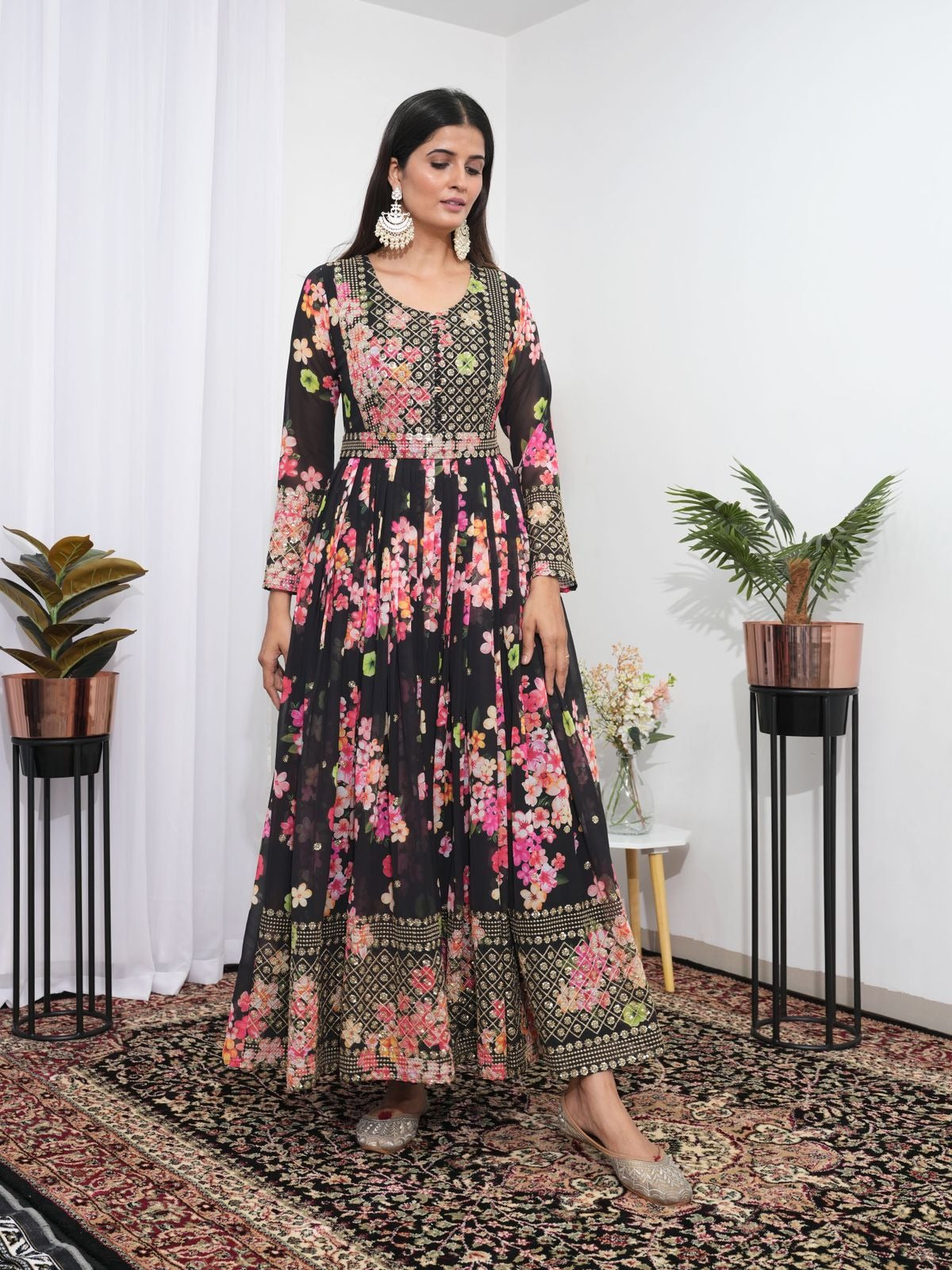 Floral Printed Embellished Flared Maxi Gown Dress