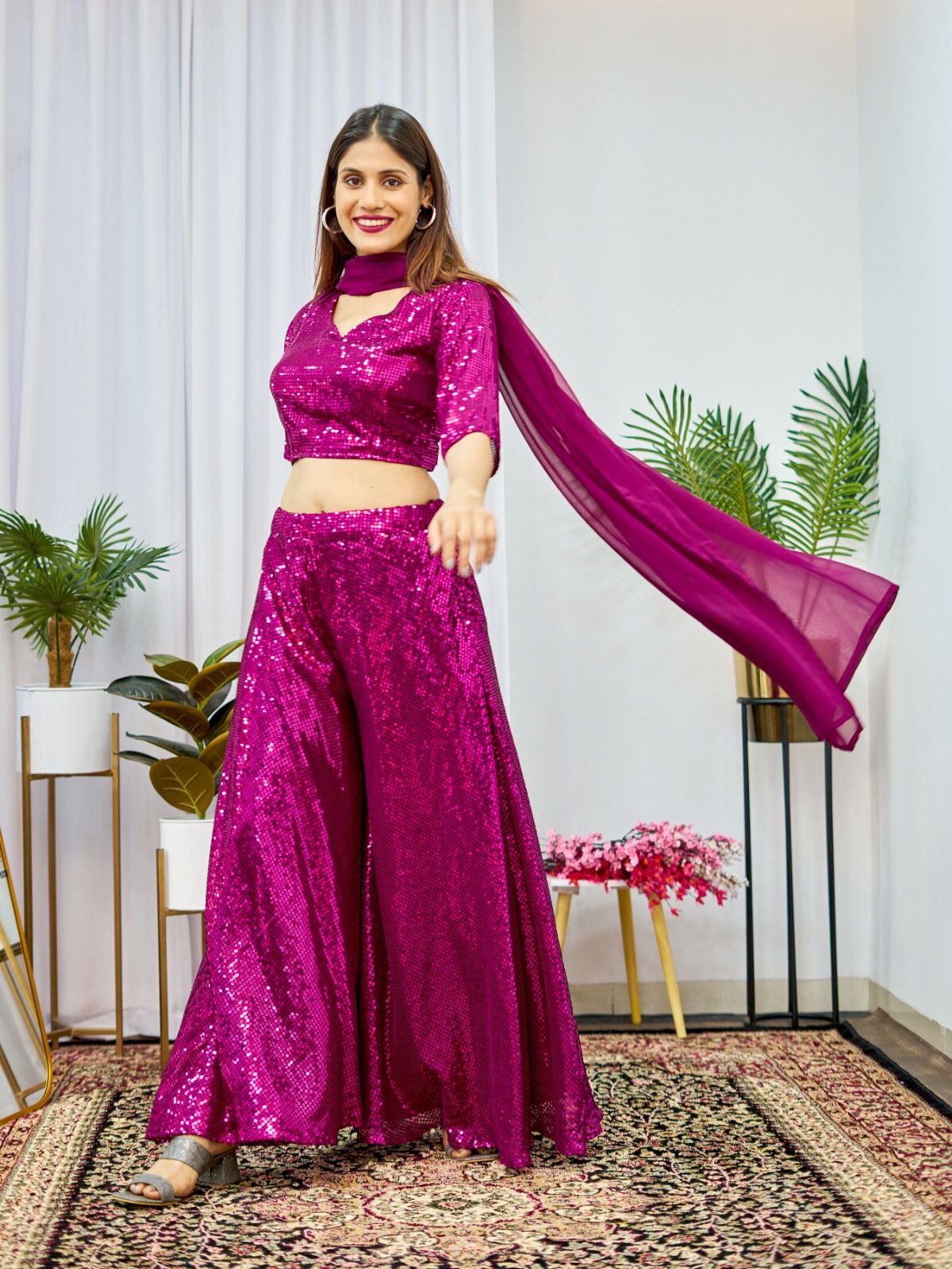 Wine Crop Top With Palazzo & Dupatta Set