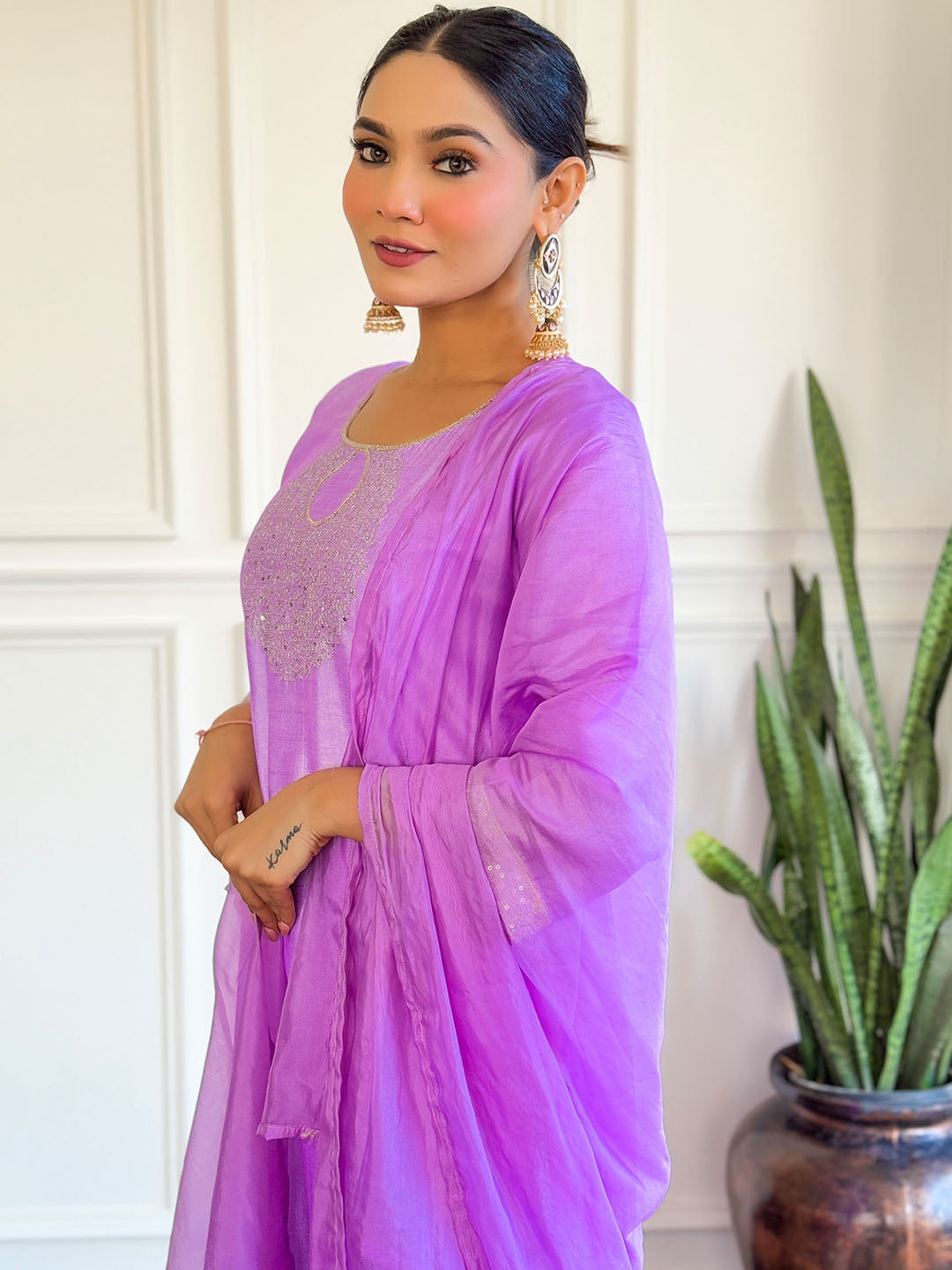 Purple Color Chanderi Kurta With Bottom & Dupatta Set