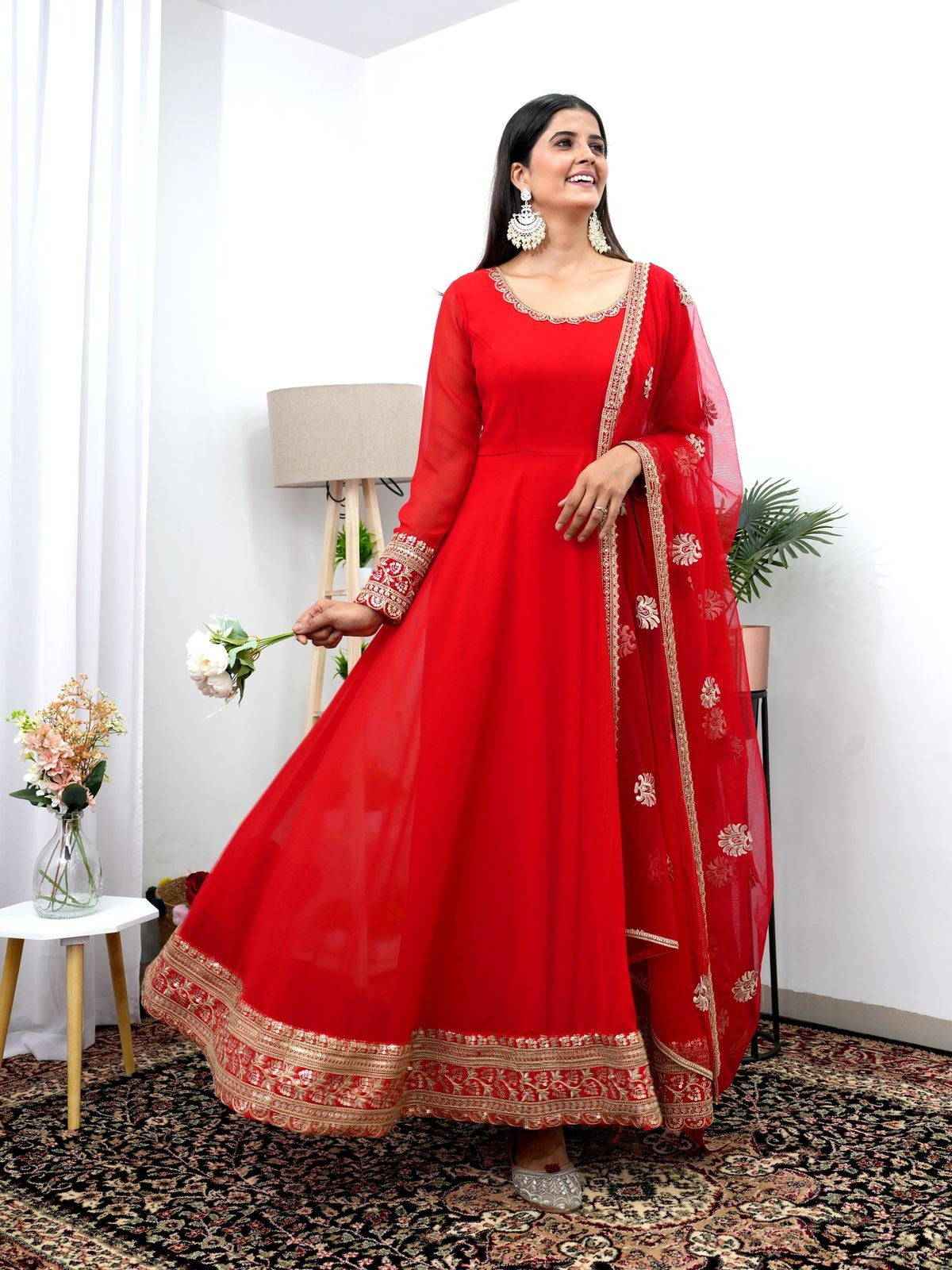 Red Flared Embroidered Gown With Dupatta set