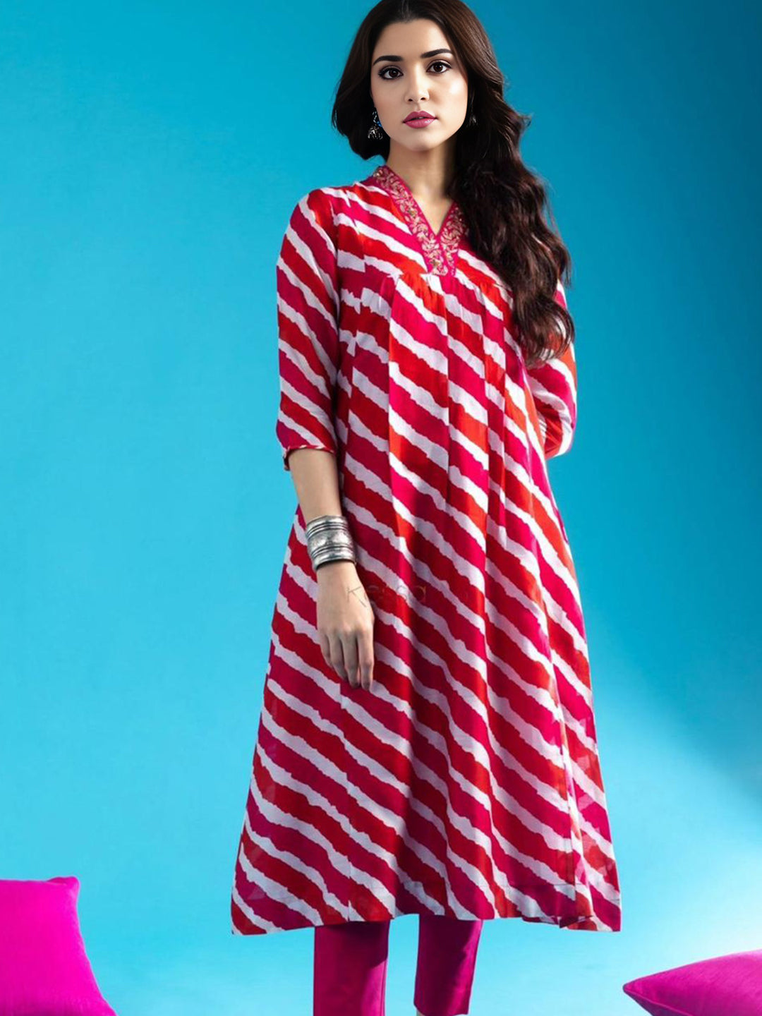 Red Colour Leheriya Printed Kurta With Bottom Set