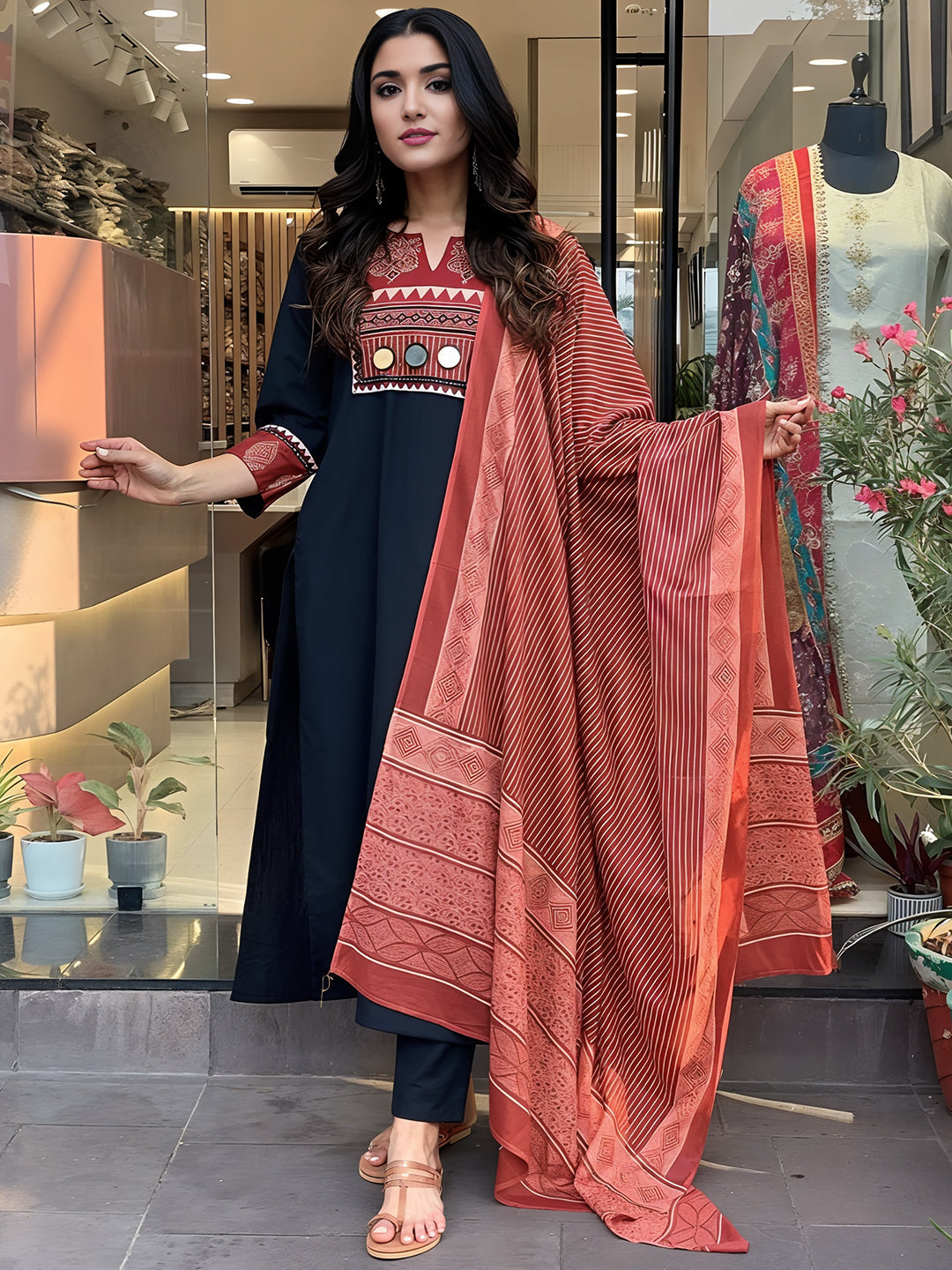 Ethnic Motifs Real Mirror Work Kurta With Bottom & Dupatta Set