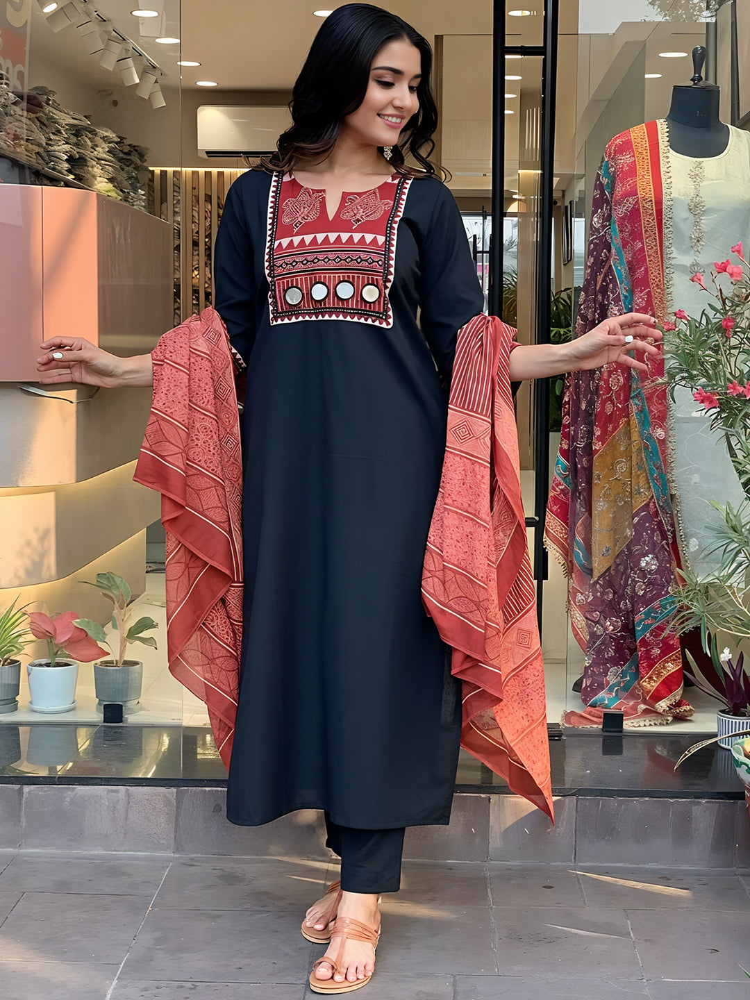 Ethnic Motifs Real Mirror Work Kurta With Bottom & Dupatta Set