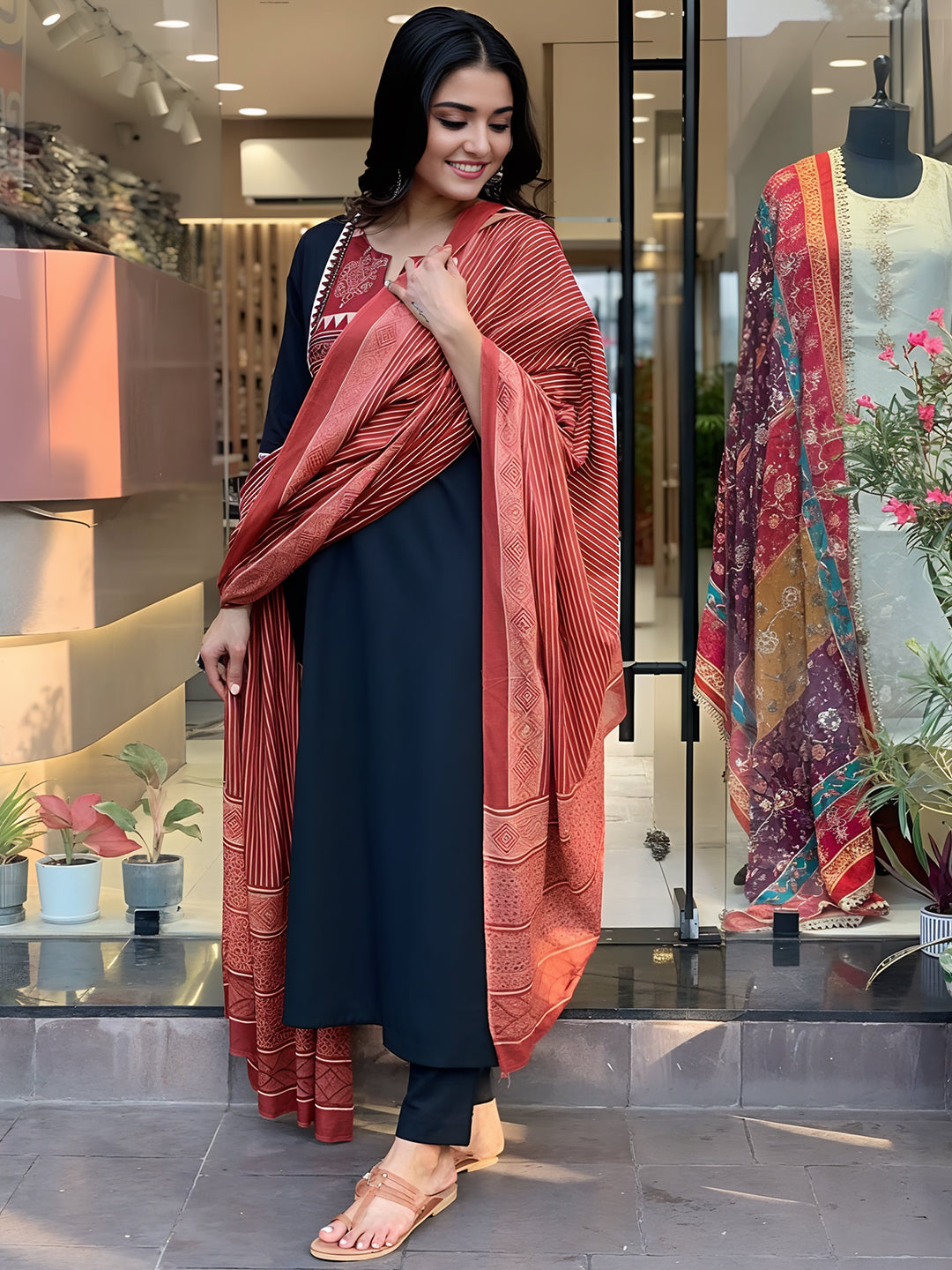 Ethnic Motifs Real Mirror Work Kurta With Bottom & Dupatta Set